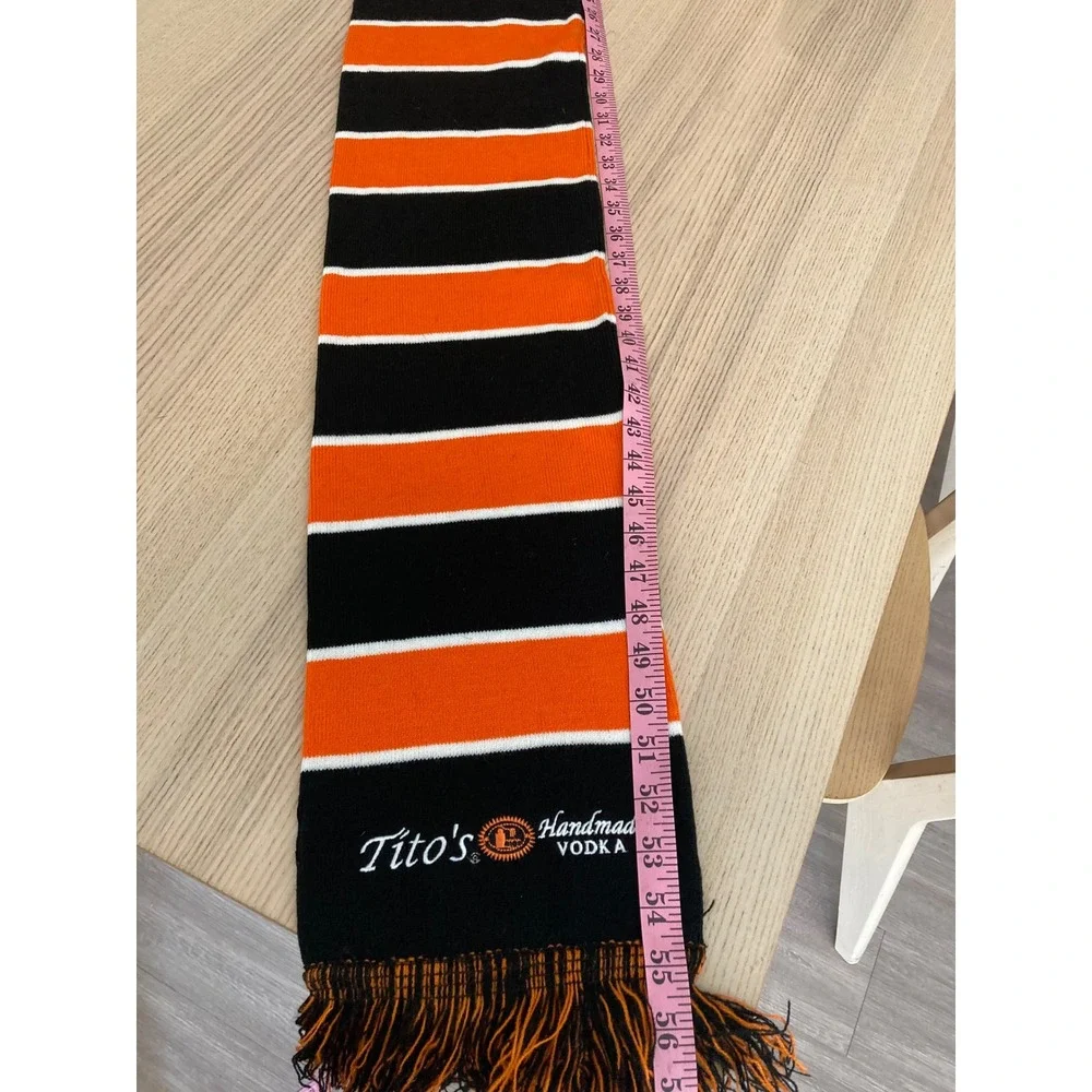 Tito's Handmade Vodka Knit Scarf Black Orange White Striped Fringed Winter Heavy